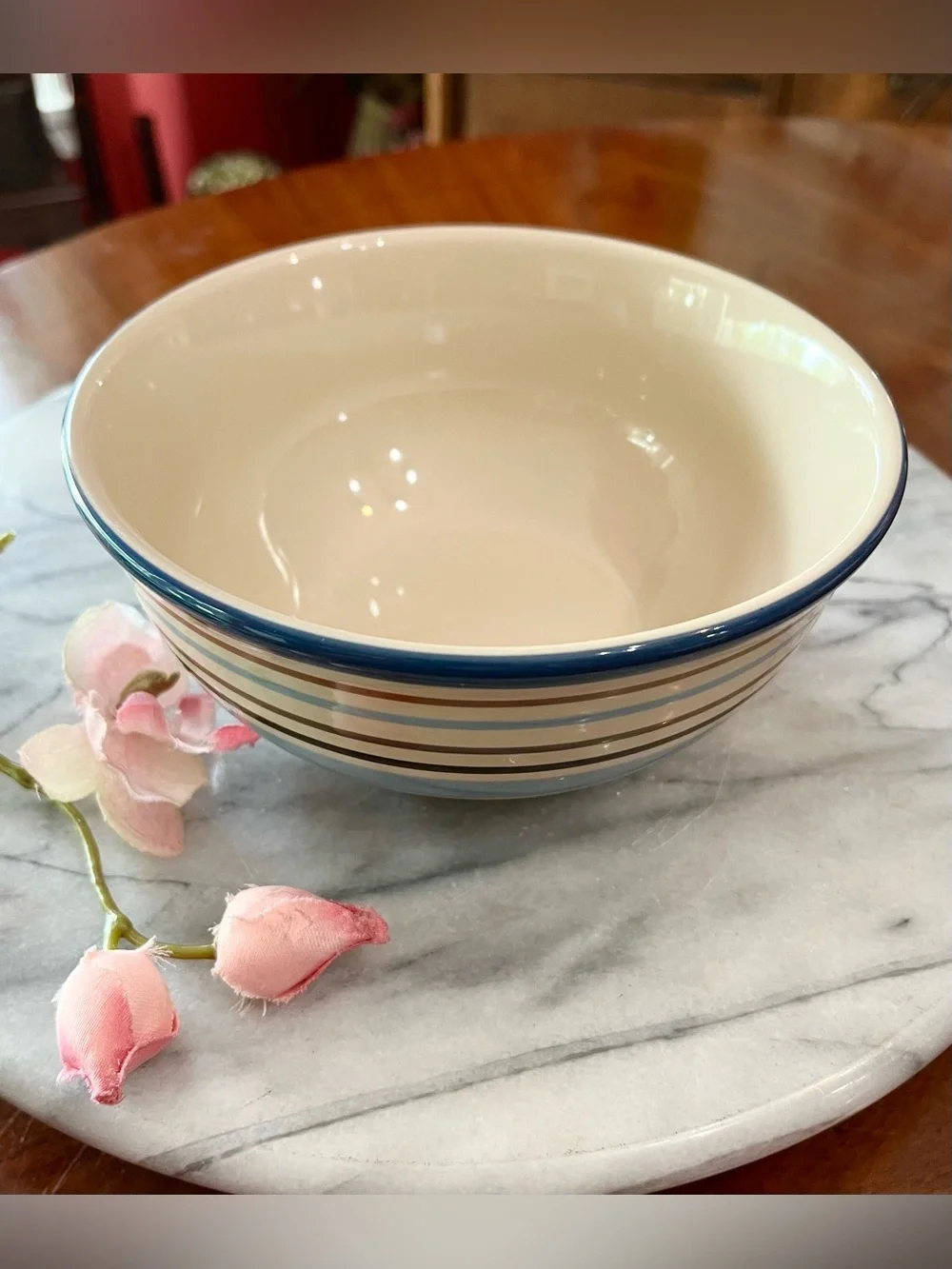Vintage Longaberger Pottery Cabana Blue Stripe Round Serving Bowl Vitrified USA
